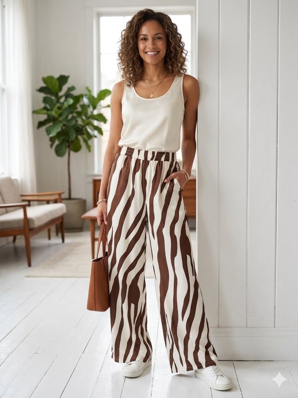 Rich & Famous Zebra Print Pants – Coffee Brown & White